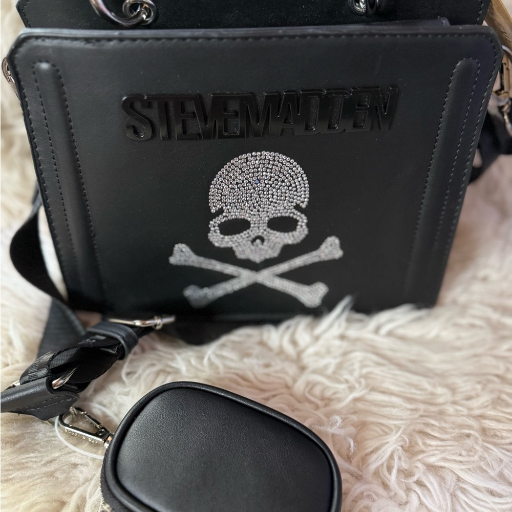 Steve Madden Black Crossbody Bag with Silver Skull Design